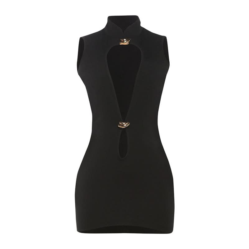 Chic Black Cut-Out Bodycon Mini Dress with Gold Accents | Fall & Holiday Party Ready