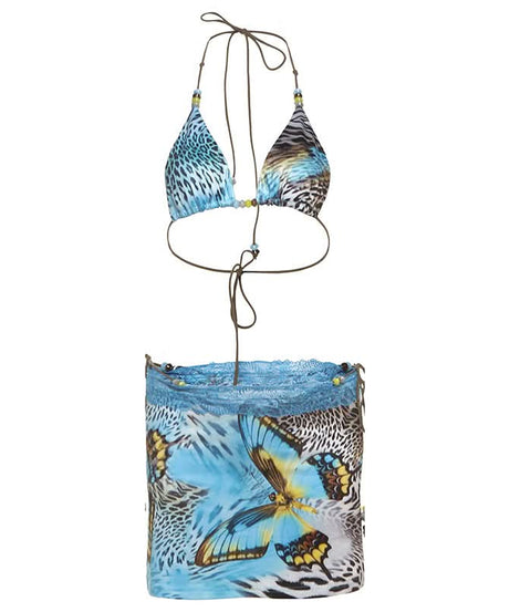 Y2K Tropical Butterfly Leopard 3-Piece Halter Mini Skirt Set - Resort Ready Getaway Swim