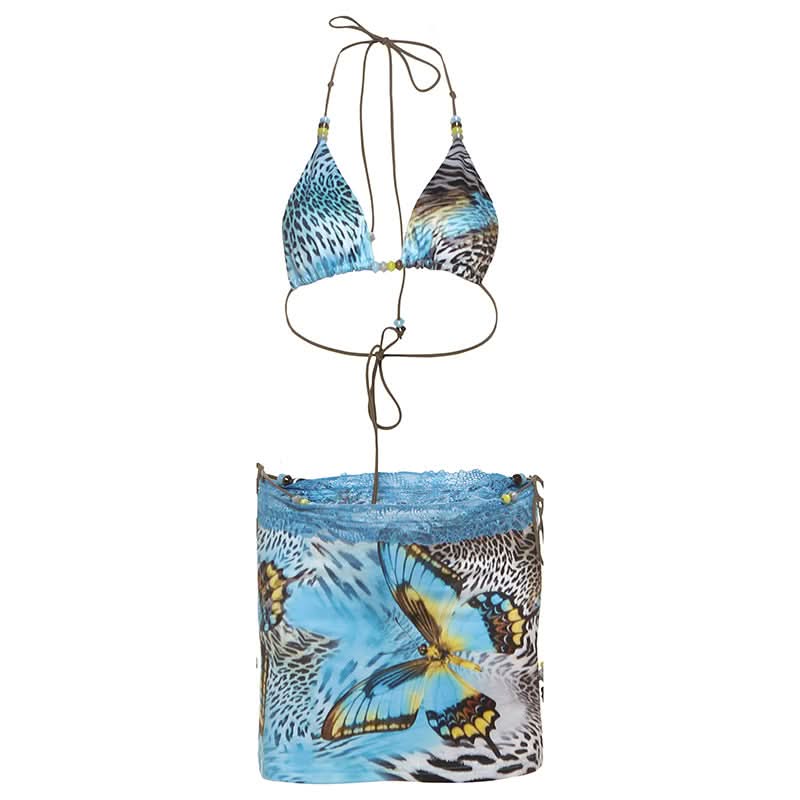 Y2K Tropical Butterfly Leopard 3-Piece Halter Mini Skirt Set - Resort Ready Getaway Swim