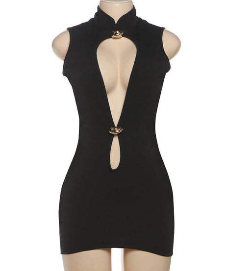 Chic Black Cut-Out Bodycon Mini Dress with Gold Accents | Fall & Holiday Party Ready