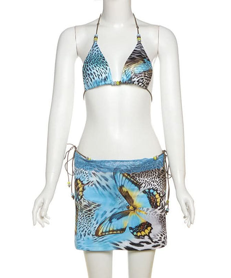 Y2K Tropical Butterfly Leopard 3-Piece Halter Mini Skirt Set - Resort Ready Getaway Swim