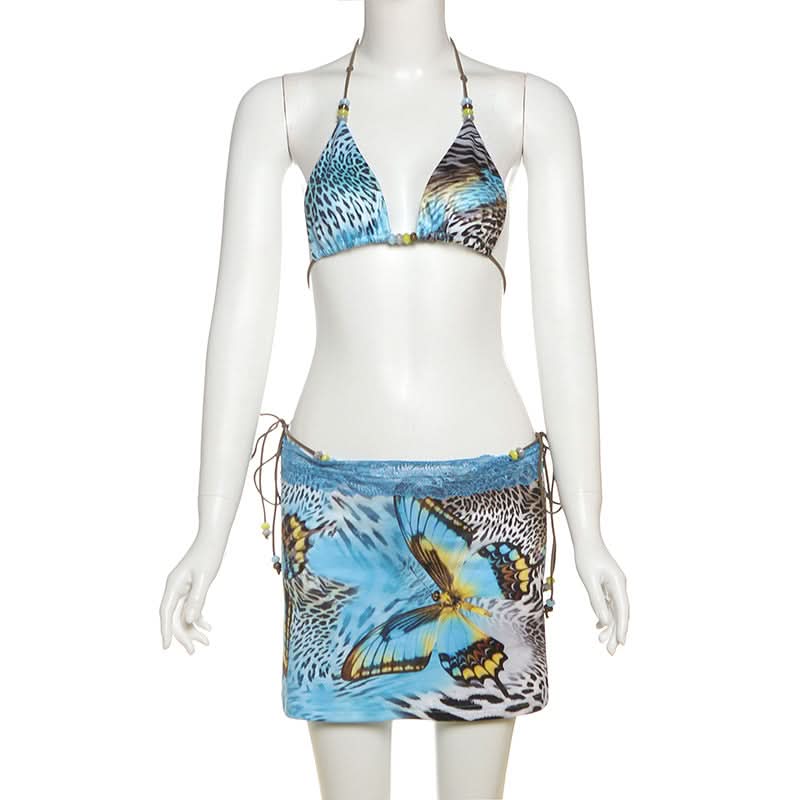 Y2K Tropical Butterfly Leopard 3-Piece Halter Mini Skirt Set - Resort Ready Getaway Swim