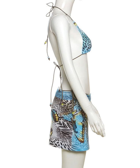 Y2K Tropical Butterfly Leopard 3-Piece Halter Mini Skirt Set - Resort Ready Getaway Swim