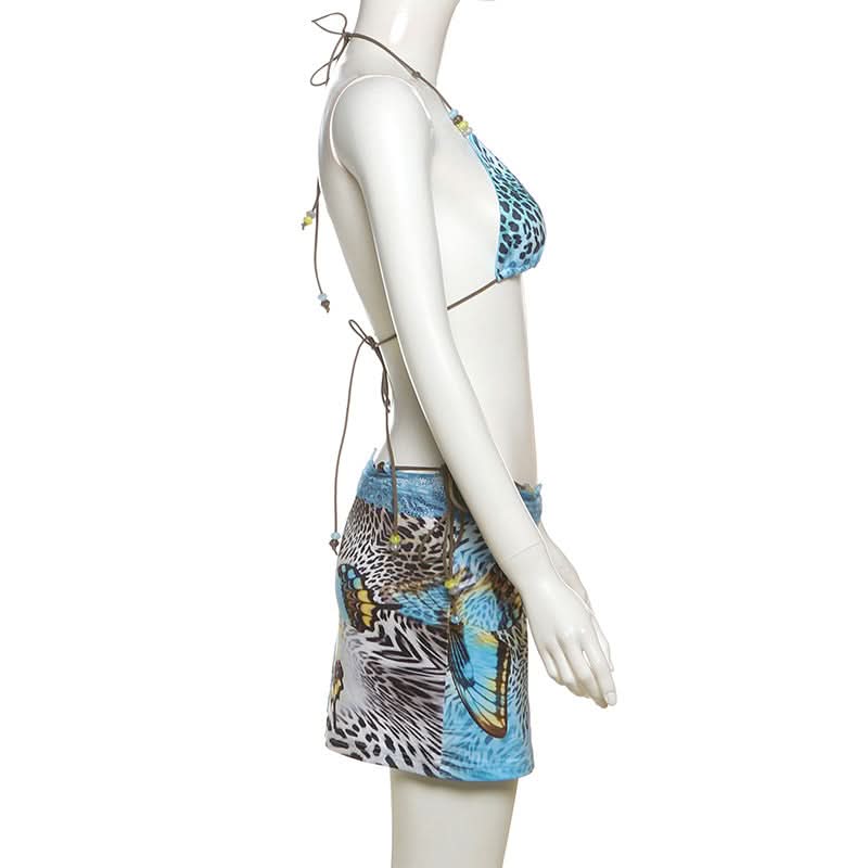 Y2K Tropical Butterfly Leopard 3-Piece Halter Mini Skirt Set - Resort Ready Getaway Swim