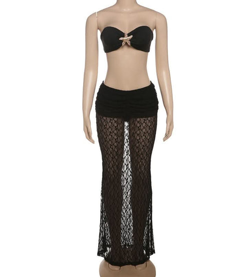 Chic Starfish Charm Black Lace Two-Piece Set: Strapless Bandeau & Sheer Maxi Skirt for Your Winter Sun Escape