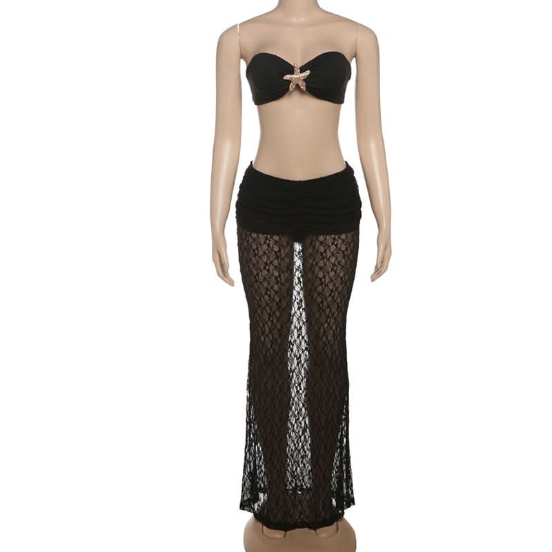 Chic Starfish Charm Black Lace Two-Piece Set: Strapless Bandeau & Sheer Maxi Skirt for Your Winter Sun Escape