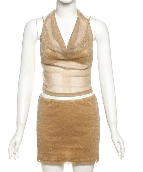 Sparkle & Shine: Golden Halter Cowl Neck Mini Skirt Set - Fall & Holiday Party Ready