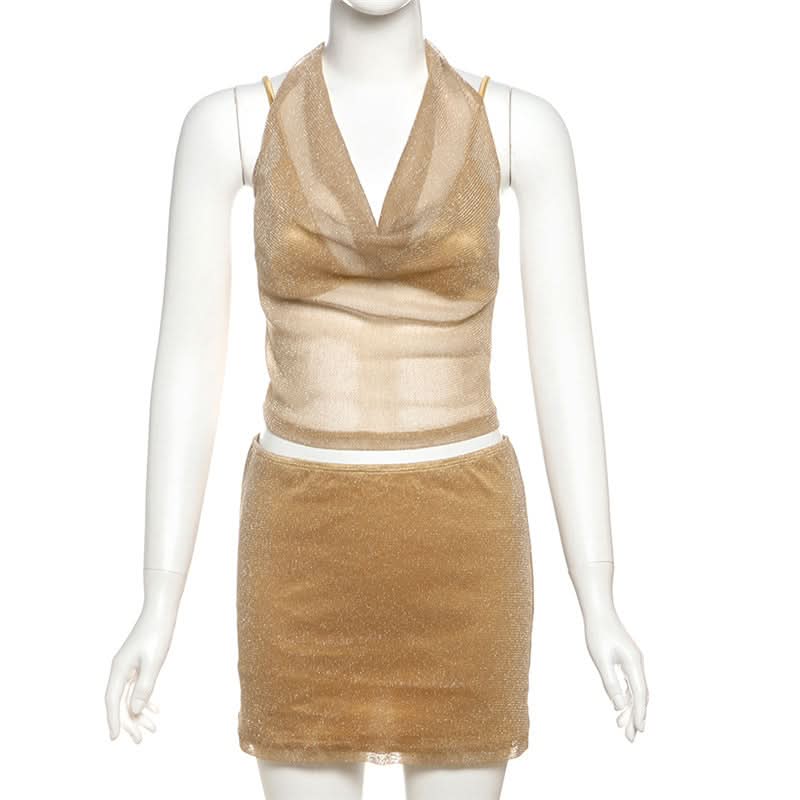 Sparkle & Shine: Golden Halter Cowl Neck Mini Skirt Set - Fall & Holiday Party Ready