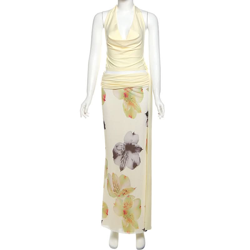Effortless Chic Halter Cowl Neck Floral Maxi Set - Your Fall Getaway & Event Ready Look