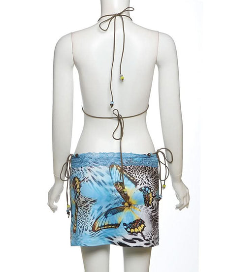 Y2K Tropical Butterfly Leopard 3-Piece Halter Mini Skirt Set - Resort Ready Getaway Swim