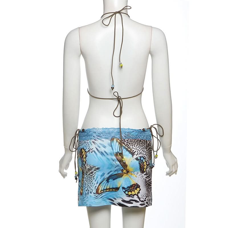 Y2K Tropical Butterfly Leopard 3-Piece Halter Mini Skirt Set - Resort Ready Getaway Swim