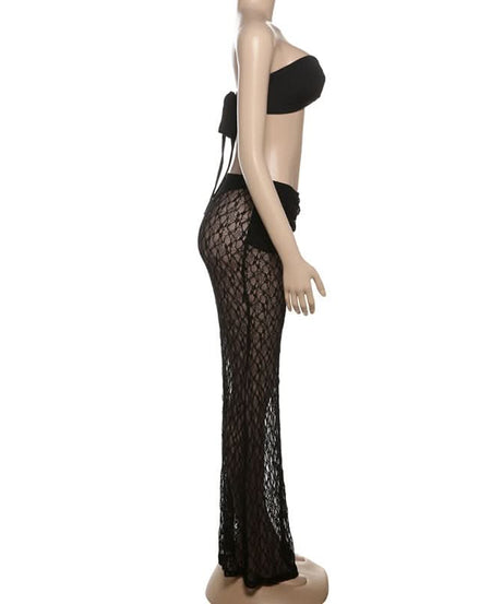 Chic Starfish Charm Black Lace Two-Piece Set: Strapless Bandeau & Sheer Maxi Skirt for Your Winter Sun Escape