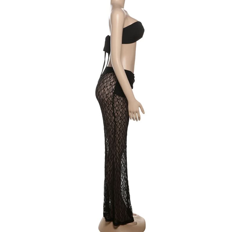 Chic Starfish Charm Black Lace Two-Piece Set: Strapless Bandeau & Sheer Maxi Skirt for Your Winter Sun Escape