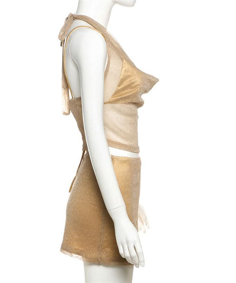 Sparkle & Shine: Golden Halter Cowl Neck Mini Skirt Set - Fall & Holiday Party Ready
