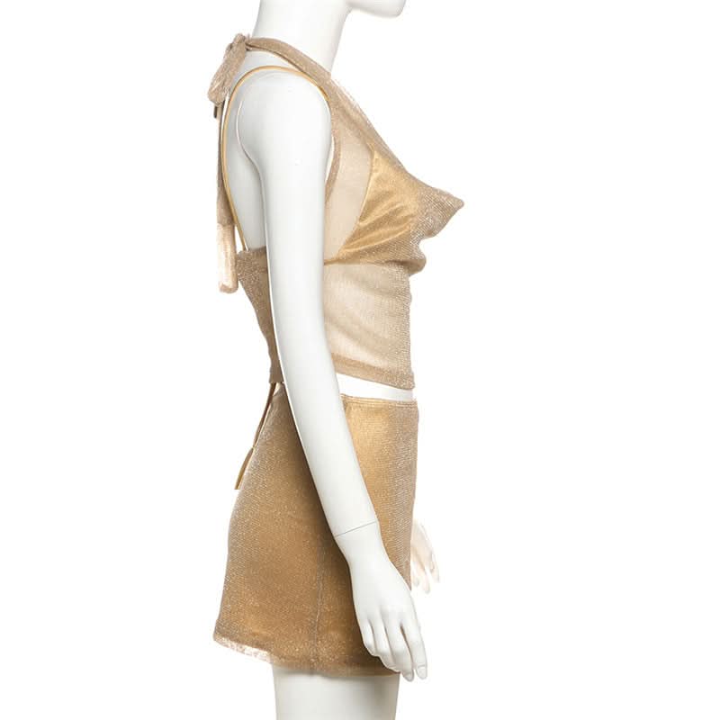 Sparkle & Shine: Golden Halter Cowl Neck Mini Skirt Set - Fall & Holiday Party Ready