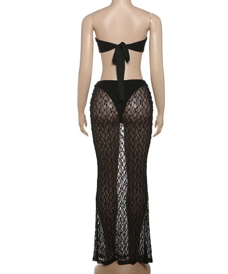 Chic Starfish Charm Black Lace Two-Piece Set: Strapless Bandeau & Sheer Maxi Skirt for Your Winter Sun Escape