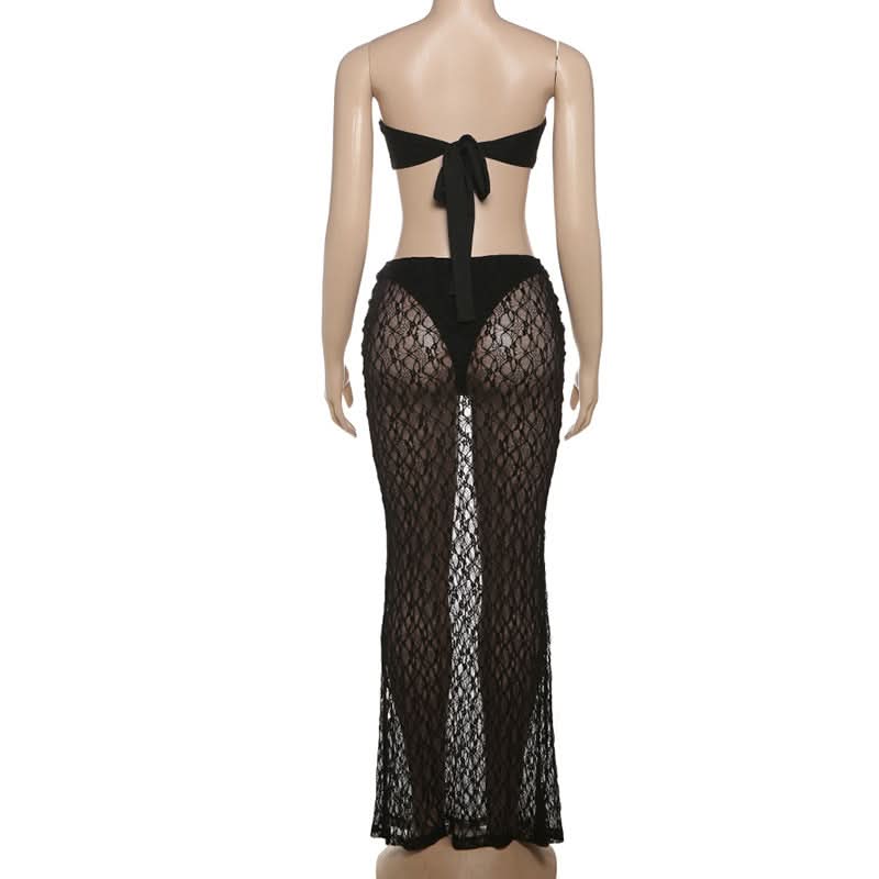 Chic Starfish Charm Black Lace Two-Piece Set: Strapless Bandeau & Sheer Maxi Skirt for Your Winter Sun Escape