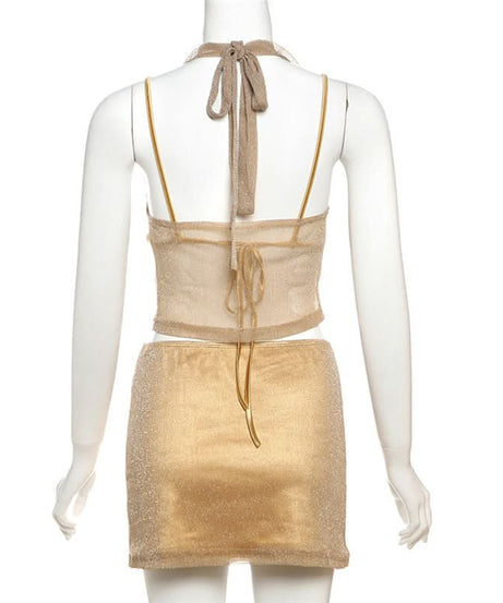 Sparkle & Shine: Golden Halter Cowl Neck Mini Skirt Set - Fall & Holiday Party Ready
