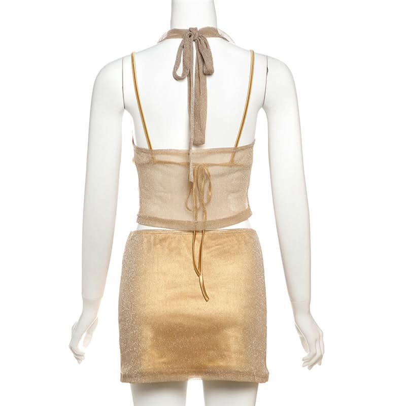 Sparkle & Shine: Golden Halter Cowl Neck Mini Skirt Set - Fall & Holiday Party Ready