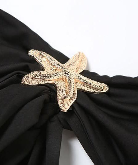 Chic Starfish Charm Black Lace Two-Piece Set: Strapless Bandeau & Sheer Maxi Skirt for Your Winter Sun Escape