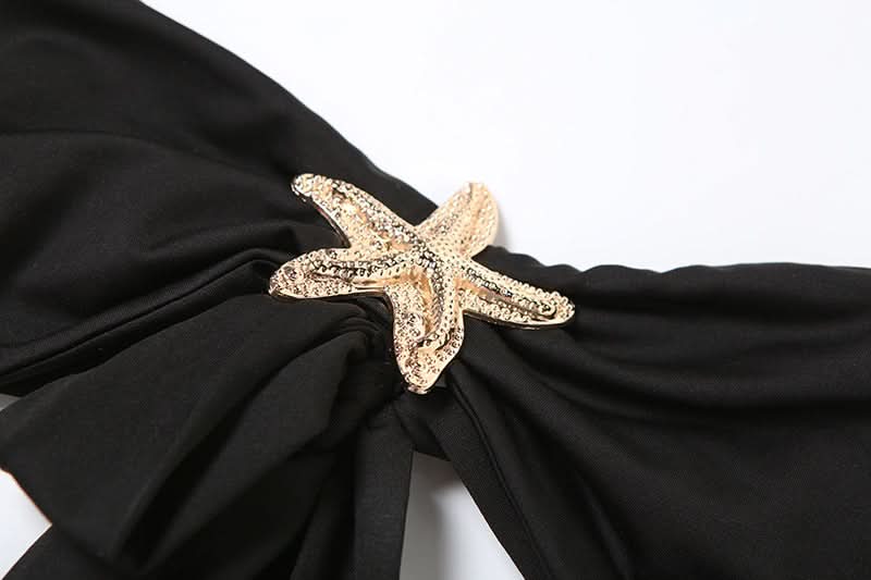 Chic Starfish Charm Black Lace Two-Piece Set: Strapless Bandeau & Sheer Maxi Skirt for Your Winter Sun Escape