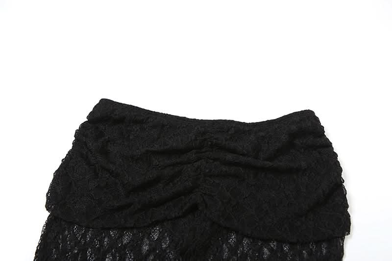 Chic Starfish Charm Black Lace Two-Piece Set: Strapless Bandeau & Sheer Maxi Skirt for Your Winter Sun Escape