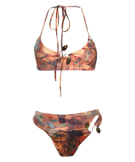 Artisan Beaded Halter Bikini: Abstract Print Swimwear for Your Winter Sun Escape
