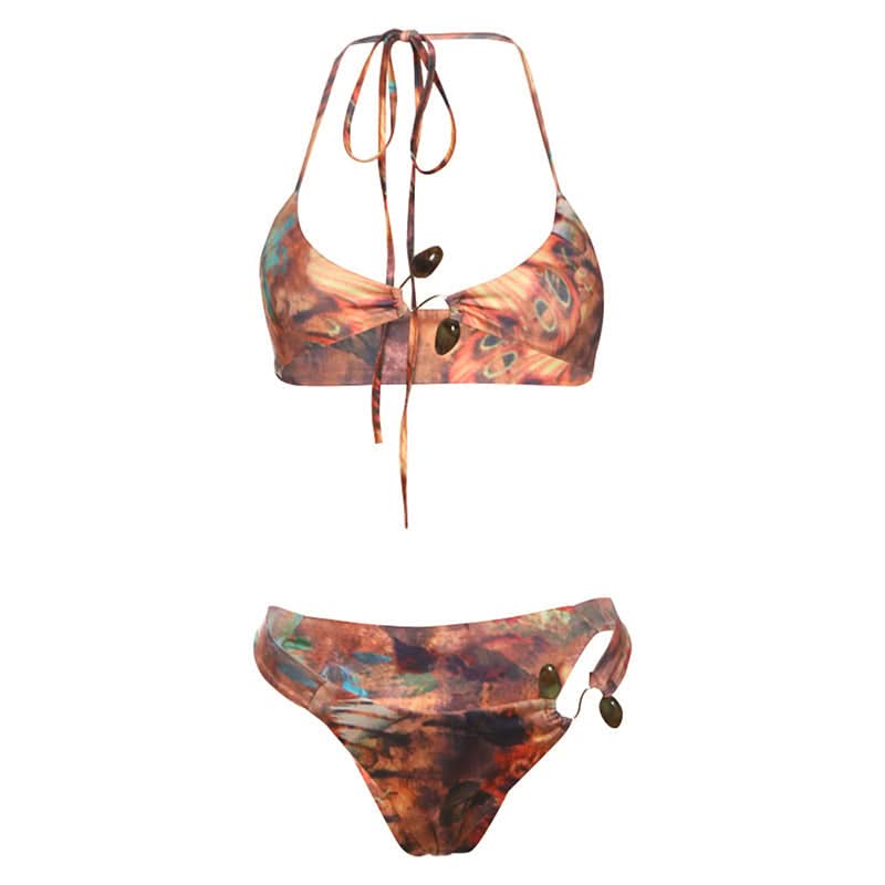 Artisan Beaded Halter Bikini: Abstract Print Swimwear for Your Winter Sun Escape