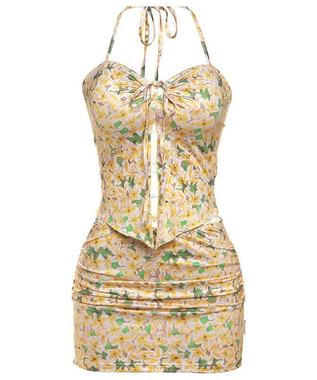 Effortless Chic: Vibrant Floral Halter & Ruched Mini Skirt Set - Your Perfect Getaway Outfit