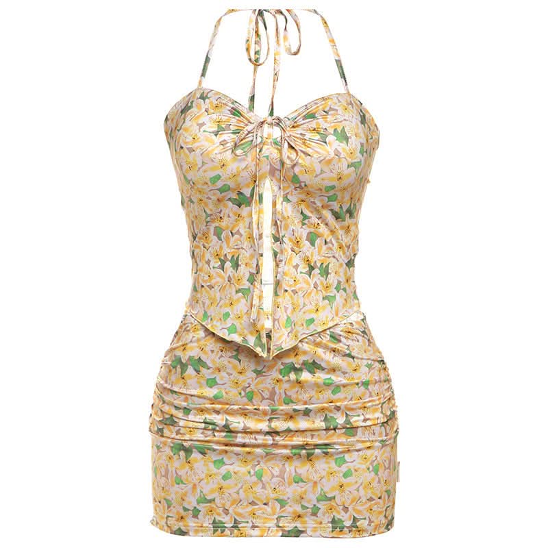 Effortless Chic: Vibrant Floral Halter & Ruched Mini Skirt Set - Your Perfect Getaway Outfit