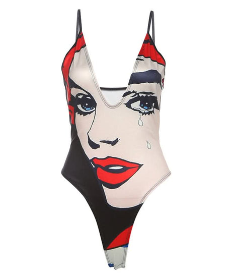 Iconic Pop Art 'Crying Face' V-Neck Bodysuit - Your Edgy Fall Fashion Statement