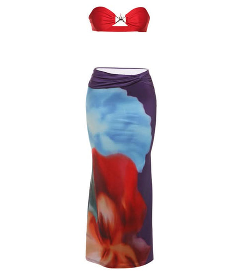 Vibrant Bloom Strapless Crop Top & Ruched Maxi Skirt Set - Your Fall Getaway Essential