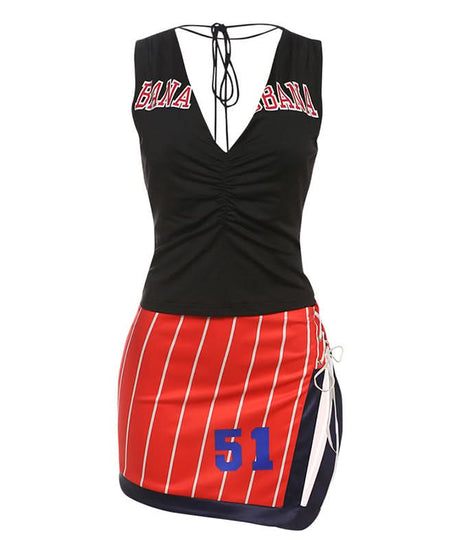 Game Day Ready: Varsity Striped Mini Skirt & Ruched V-Neck Top Two-Piece Set