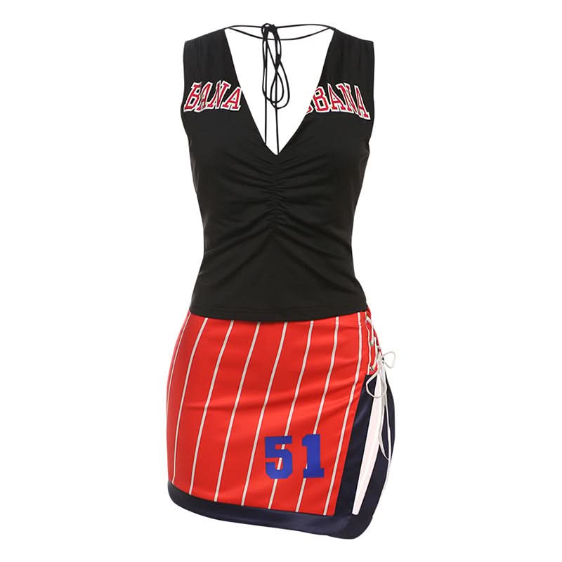 Game Day Ready: Varsity Striped Mini Skirt & Ruched V-Neck Top Two-Piece Set