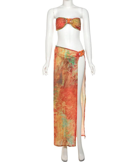Vibrant Tropical Print Bandeau & High-Slit Maxi Skirt Set – Your Chic Fall Getaway Essential