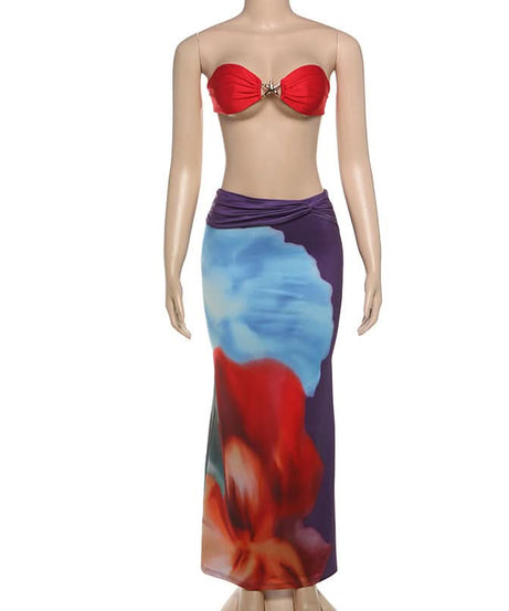 Vibrant Bloom Strapless Crop Top & Ruched Maxi Skirt Set - Your Fall Getaway Essential
