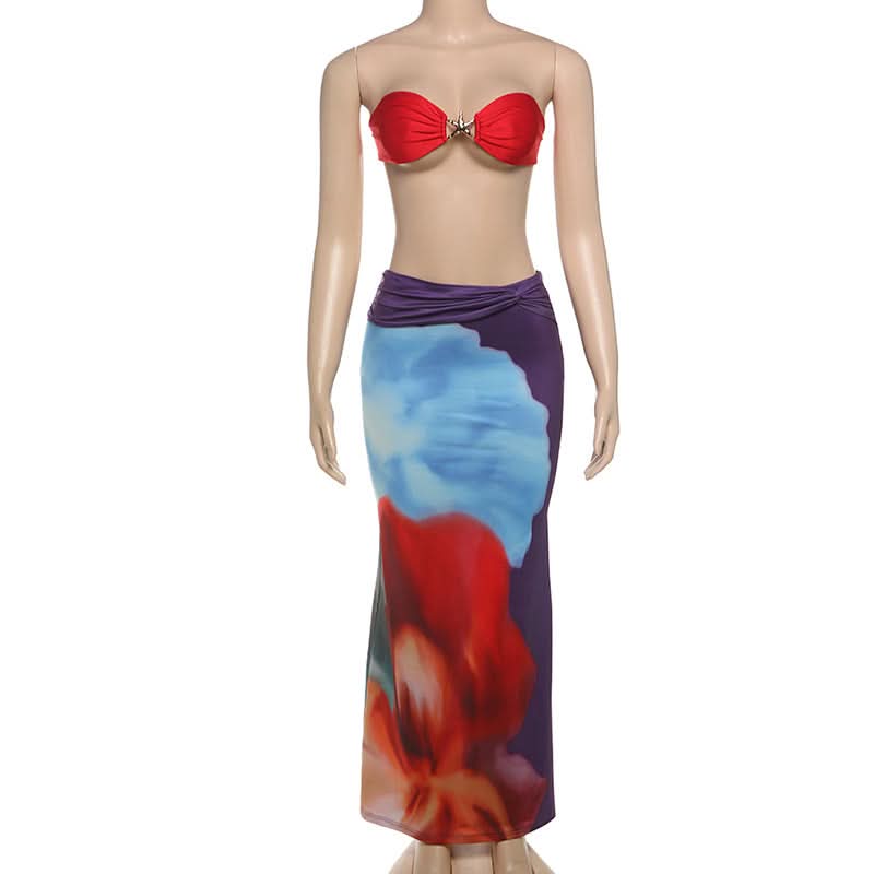 Vibrant Bloom Strapless Crop Top & Ruched Maxi Skirt Set - Your Fall Getaway Essential