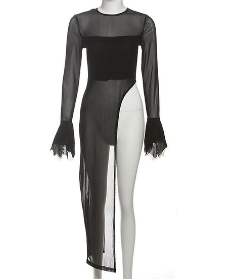 Sultry Black Sheer Mesh Duster Top with Daring High Slit – Your Edgy Fall & Halloween Statement