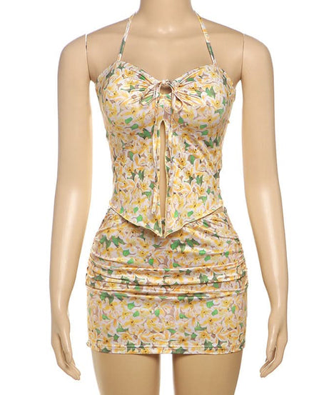 Effortless Chic: Vibrant Floral Halter & Ruched Mini Skirt Set - Your Perfect Getaway Outfit