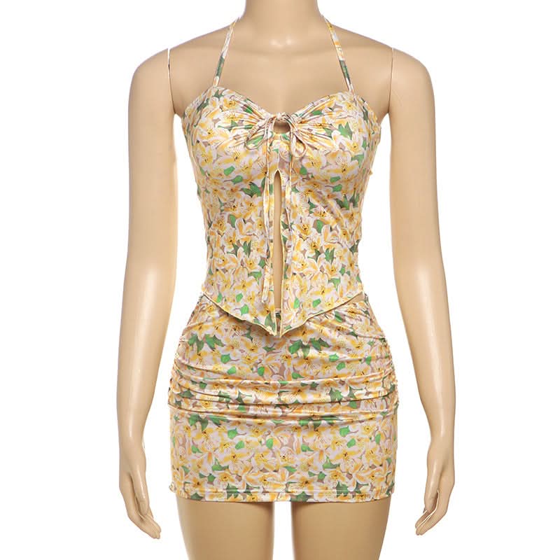 Effortless Chic: Vibrant Floral Halter & Ruched Mini Skirt Set - Your Perfect Getaway Outfit