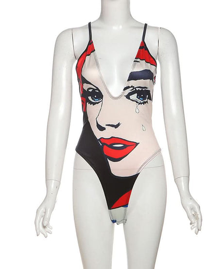 Iconic Pop Art 'Crying Face' V-Neck Bodysuit - Your Edgy Fall Fashion Statement