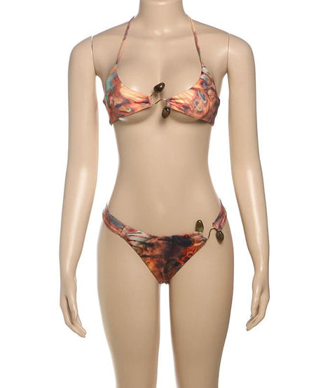 Artisan Beaded Halter Bikini: Abstract Print Swimwear for Your Winter Sun Escape