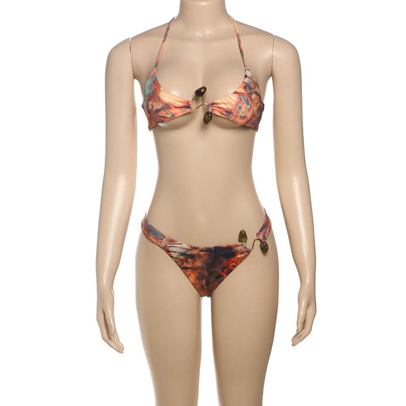 Artisan Beaded Halter Bikini: Abstract Print Swimwear for Your Winter Sun Escape