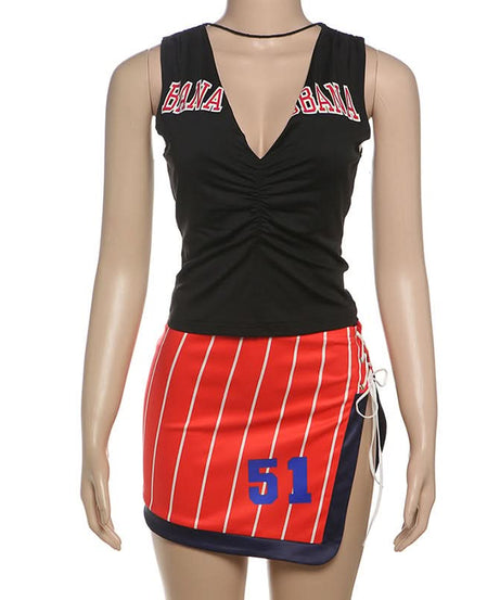 Game Day Ready: Varsity Striped Mini Skirt & Ruched V-Neck Top Two-Piece Set