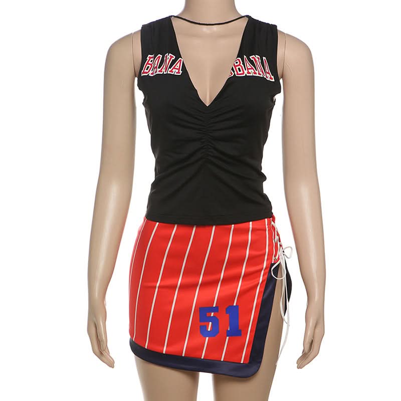 Game Day Ready: Varsity Striped Mini Skirt & Ruched V-Neck Top Two-Piece Set