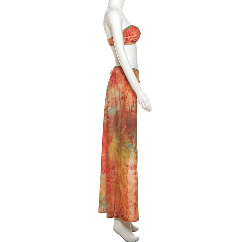 Vibrant Tropical Print Bandeau & High-Slit Maxi Skirt Set – Your Chic Fall Getaway Essential