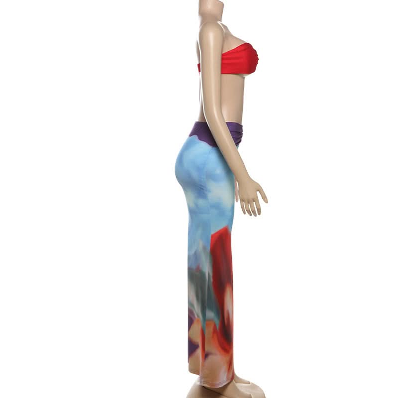 Vibrant Bloom Strapless Crop Top & Ruched Maxi Skirt Set - Your Fall Getaway Essential