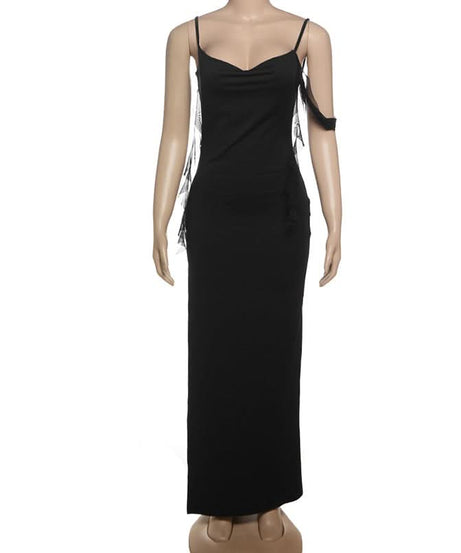 Glamorous Black Fringe Maxi Dress - Dazzling Bodycon Gown for Holiday Parties & New Year's Eve