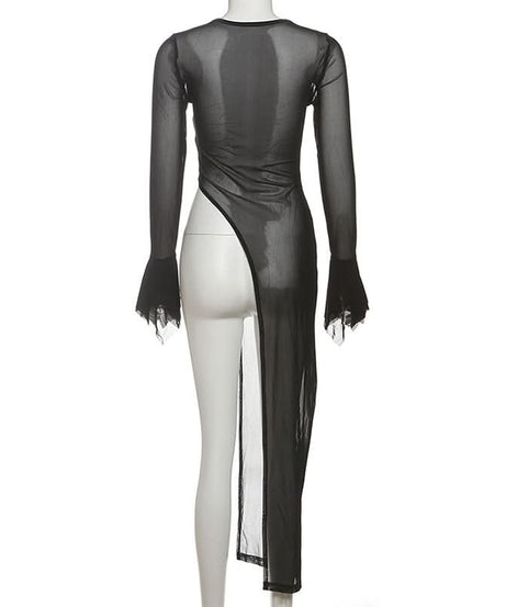 Sultry Black Sheer Mesh Duster Top with Daring High Slit – Your Edgy Fall & Halloween Statement