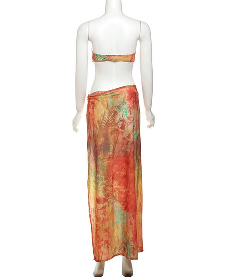 Vibrant Tropical Print Bandeau & High-Slit Maxi Skirt Set – Your Chic Fall Getaway Essential